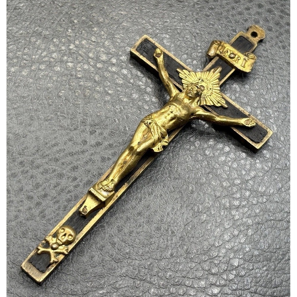 VTG 4.5" Large Memento Mori Skull Crucifix Cross Wood Brass Pendant Wall Hanging